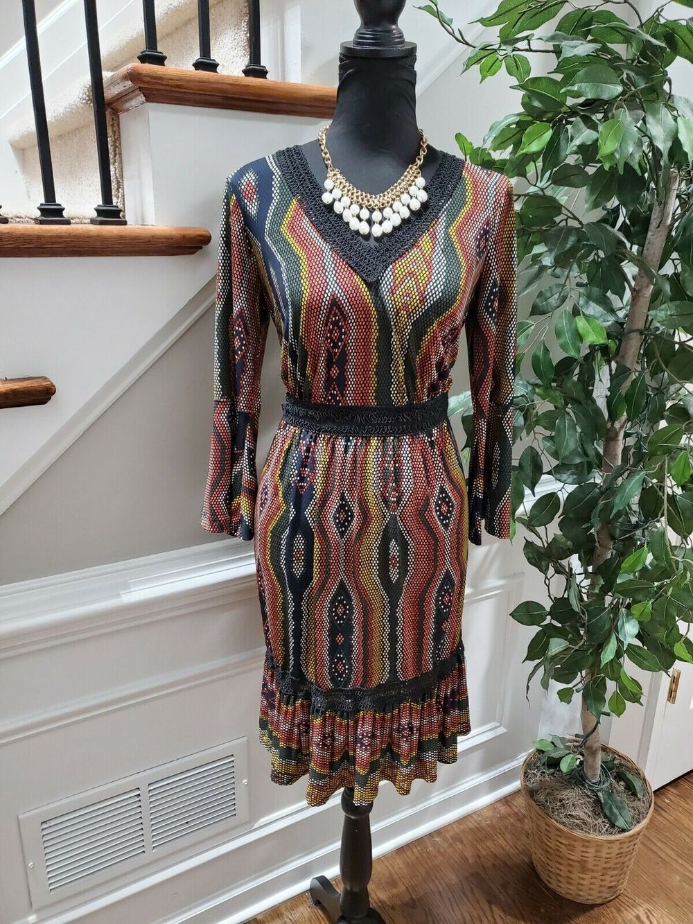 NewYork & Co. Women Multicolor Polyester V-Neck Long Sleeve Knee Length Dress XS